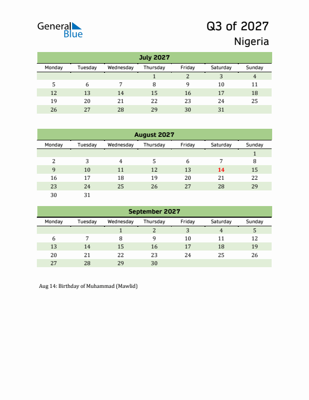 Quarterly Calendar 2027 with Nigeria Holidays