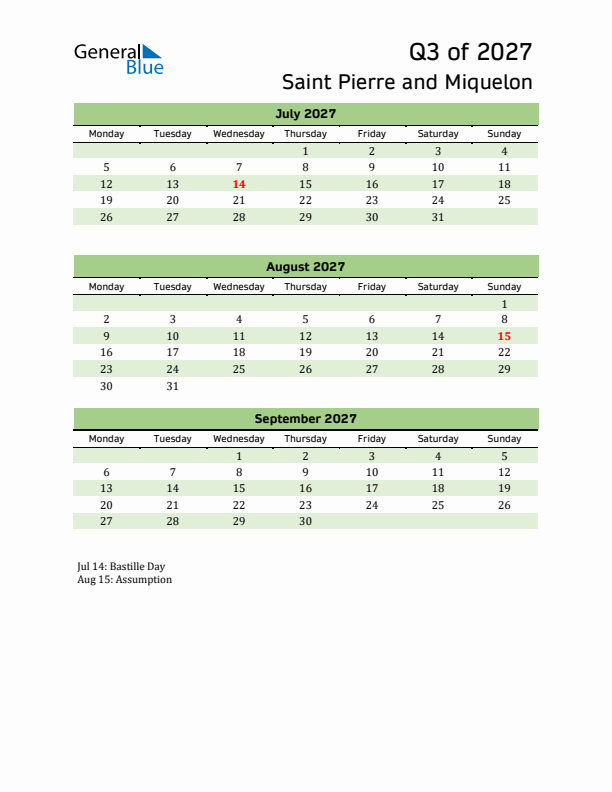 Quarterly Calendar 2027 with Saint Pierre and Miquelon Holidays