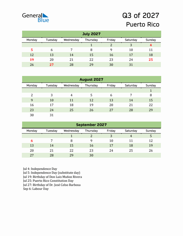 Quarterly Calendar 2027 with Puerto Rico Holidays