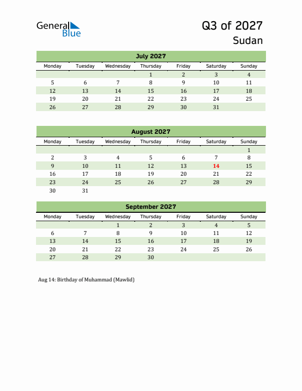 Quarterly Calendar 2027 with Sudan Holidays