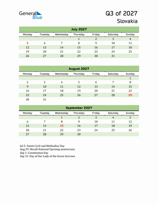 Quarterly Calendar 2027 with Slovakia Holidays