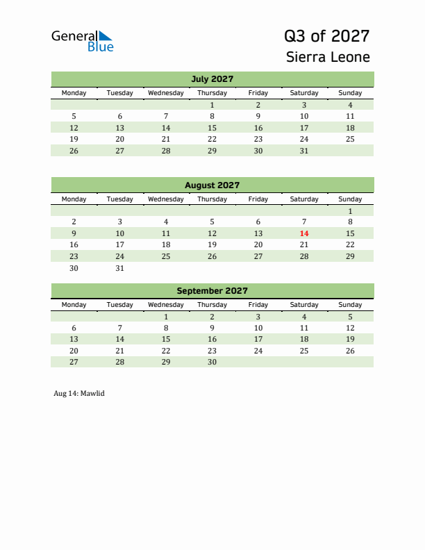 Quarterly Calendar 2027 with Sierra Leone Holidays