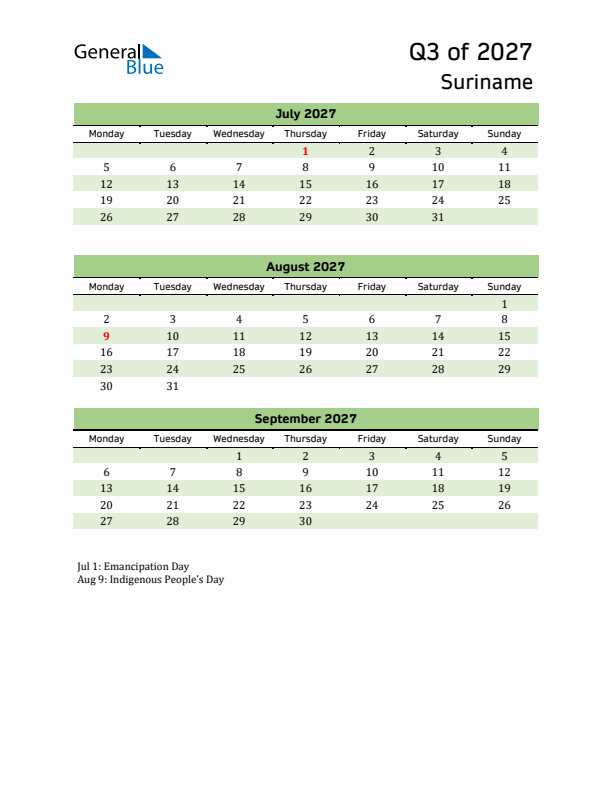Quarterly Calendar 2027 with Suriname Holidays