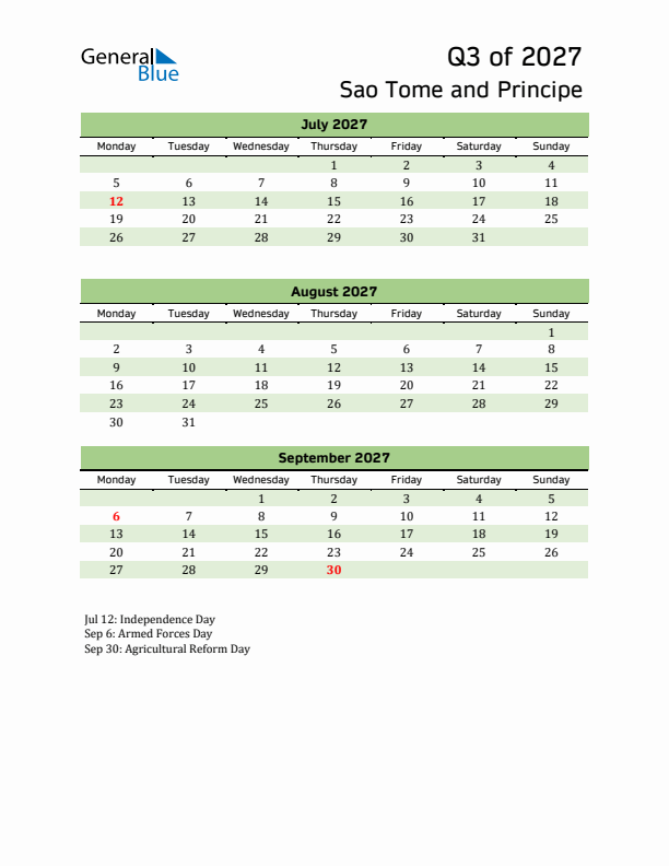 Quarterly Calendar 2027 with Sao Tome and Principe Holidays