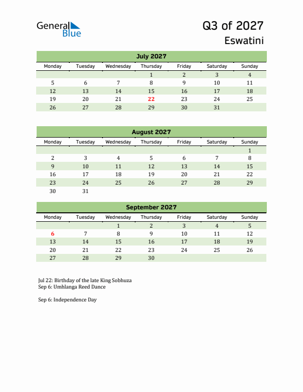 Quarterly Calendar 2027 with Eswatini Holidays