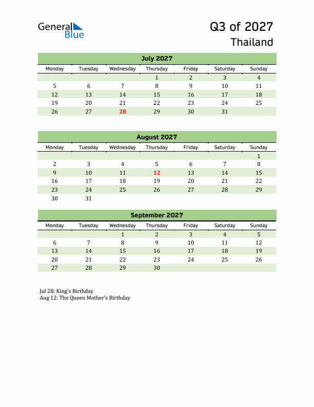 Quarterly Calendar 2027 with Thailand Holidays