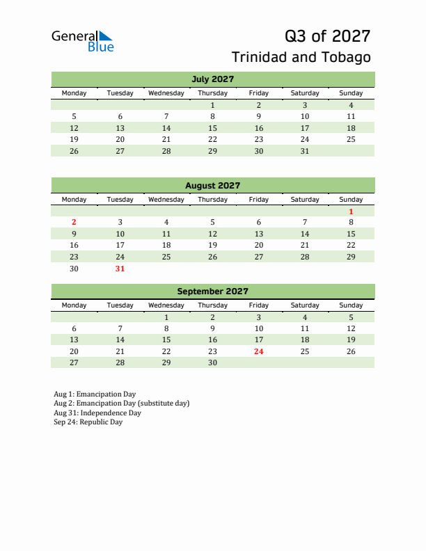 Quarterly Calendar 2027 with Trinidad and Tobago Holidays