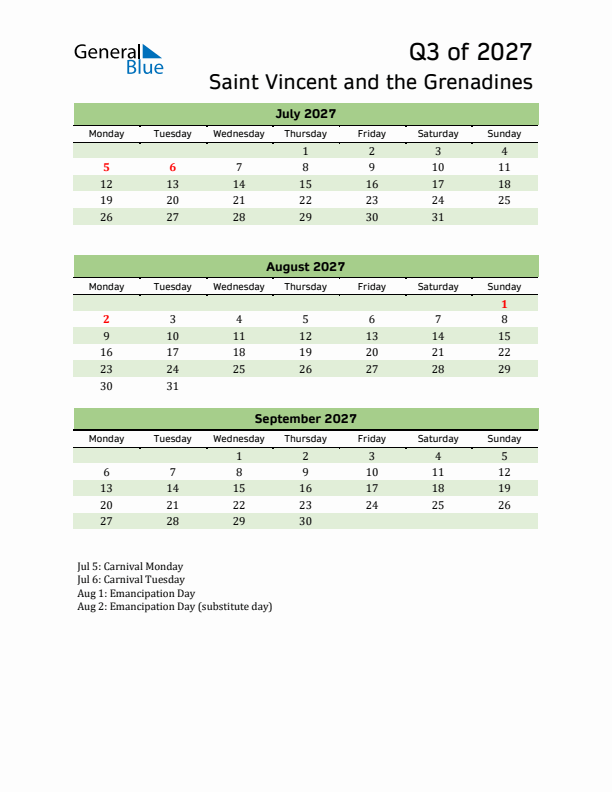 Quarterly Calendar 2027 with Saint Vincent and the Grenadines Holidays