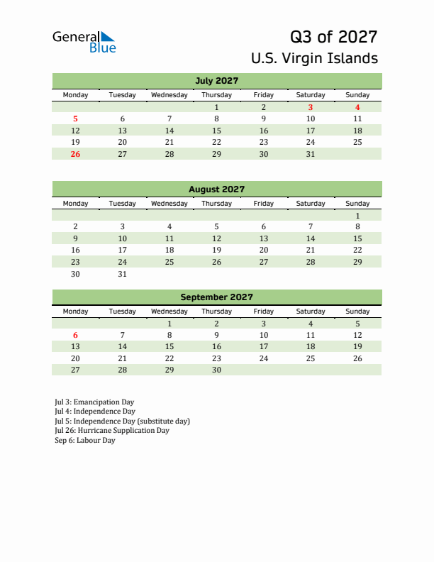 Quarterly Calendar 2027 with U.S. Virgin Islands Holidays