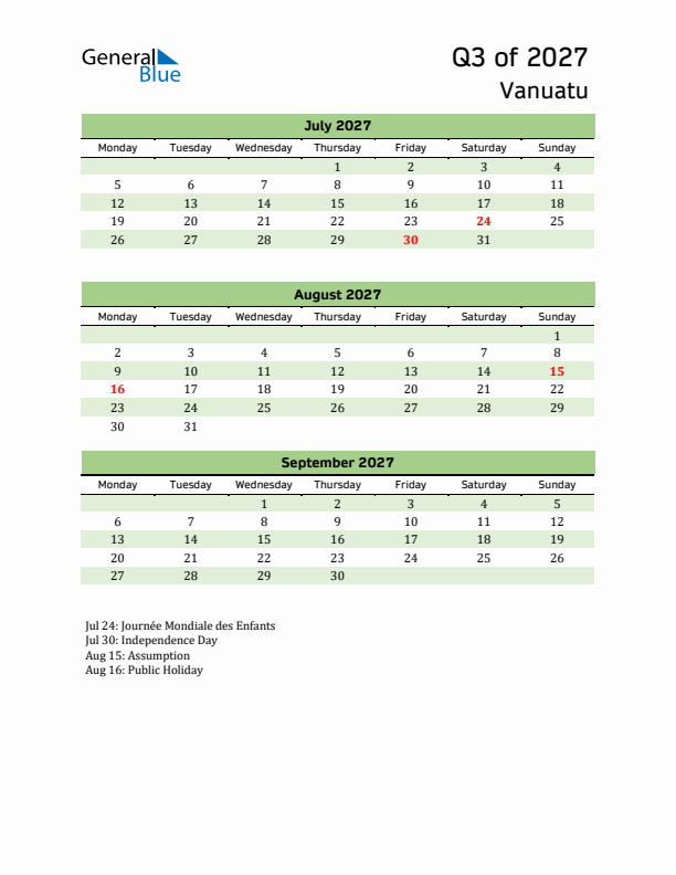 Quarterly Calendar 2027 with Vanuatu Holidays