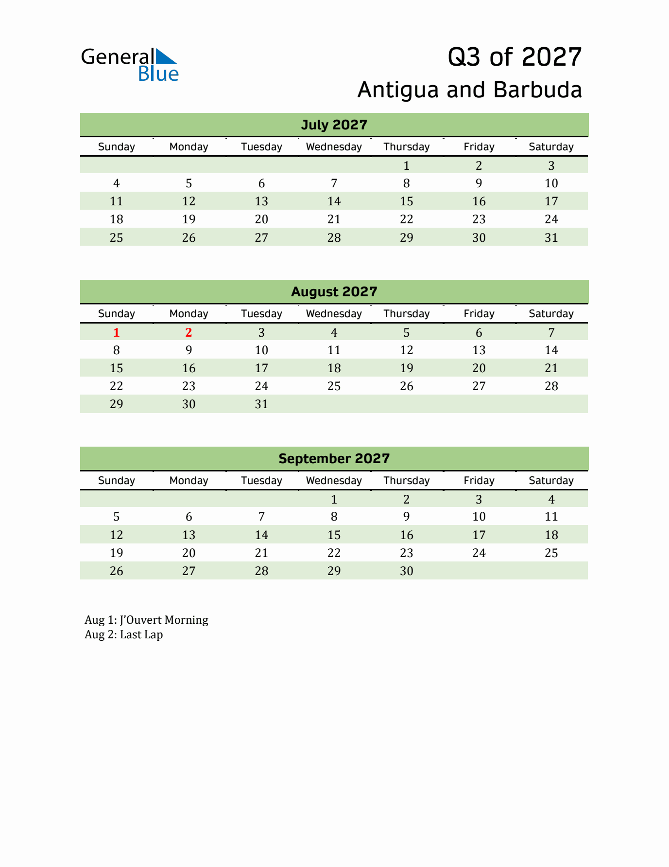 Quarterly Calendar 2027 with Antigua and Barbuda Holidays
