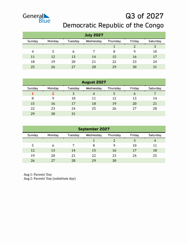 Quarterly Calendar 2027 with Democratic Republic of the Congo Holidays