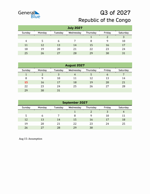 Quarterly Calendar 2027 with Republic of the Congo Holidays