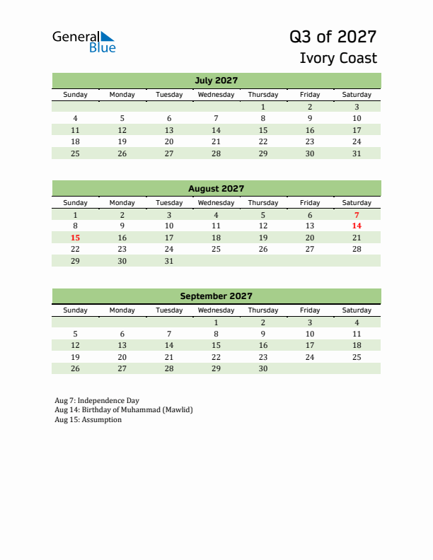 Quarterly Calendar 2027 with Ivory Coast Holidays