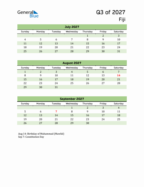Quarterly Calendar 2027 with Fiji Holidays