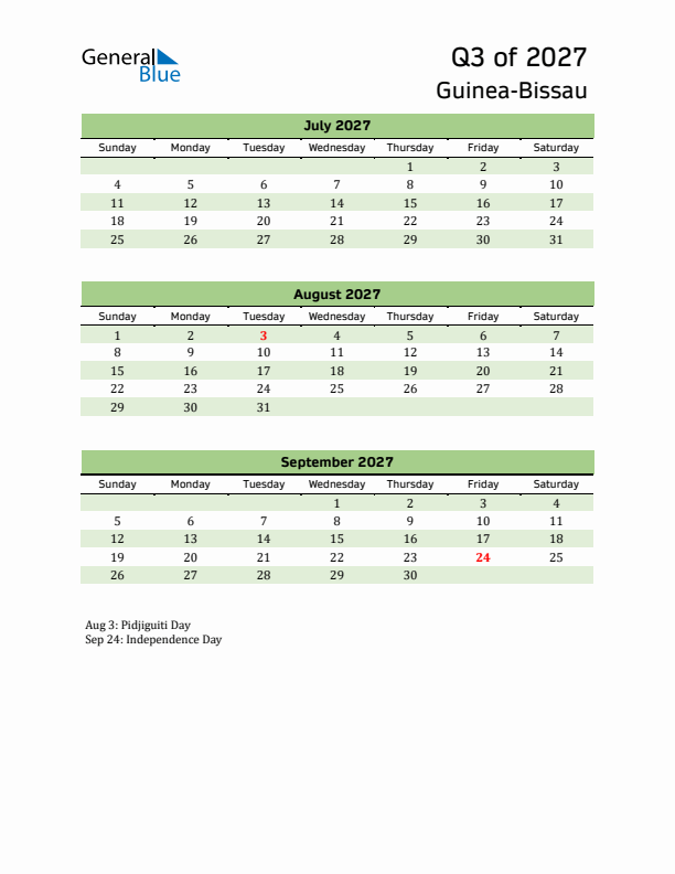 Quarterly Calendar 2027 with Guinea-Bissau Holidays