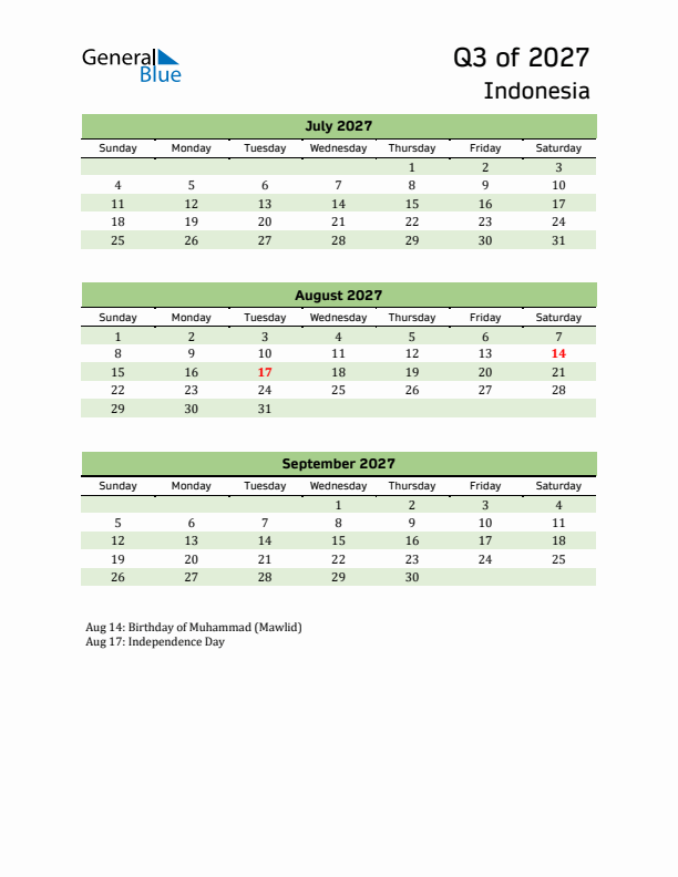 Quarterly Calendar 2027 with Indonesia Holidays