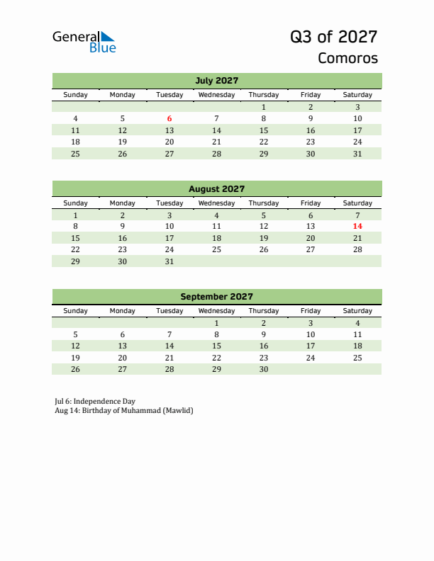 Quarterly Calendar 2027 with Comoros Holidays