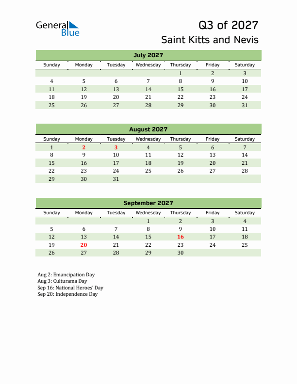Quarterly Calendar 2027 with Saint Kitts and Nevis Holidays
