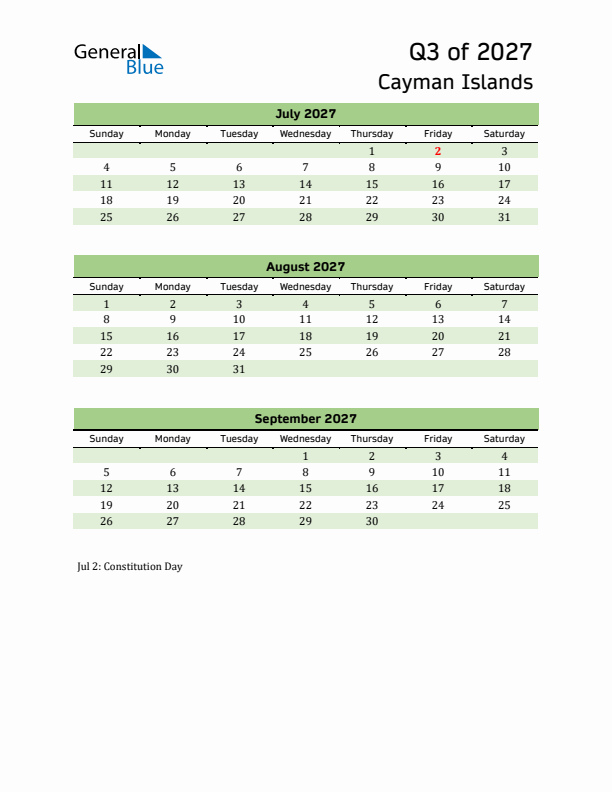Quarterly Calendar 2027 with Cayman Islands Holidays