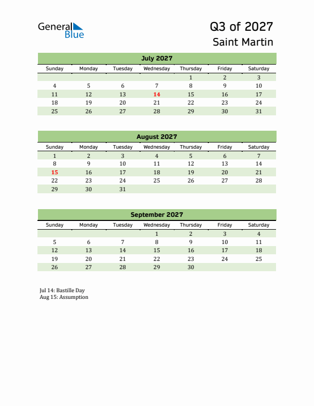 Quarterly Calendar 2027 with Saint Martin Holidays