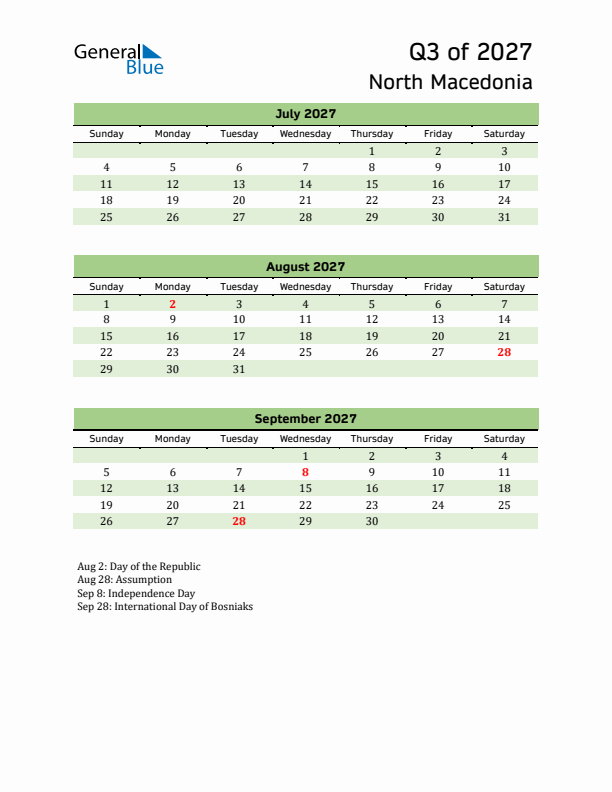 Quarterly Calendar 2027 with North Macedonia Holidays