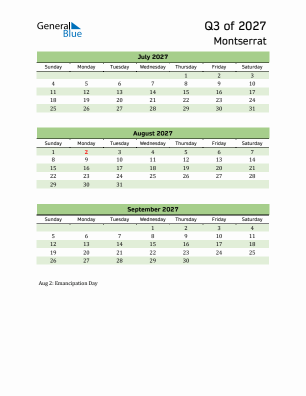 Quarterly Calendar 2027 with Montserrat Holidays