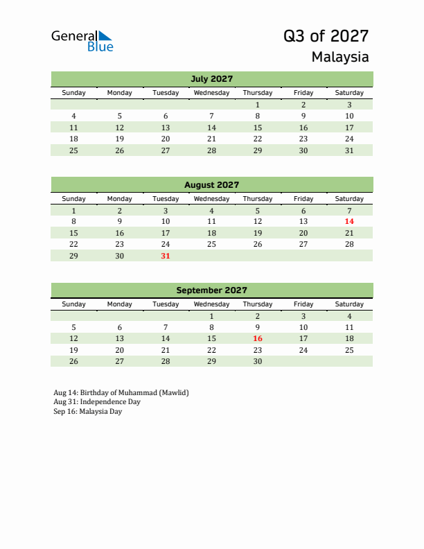 Quarterly Calendar 2027 with Malaysia Holidays