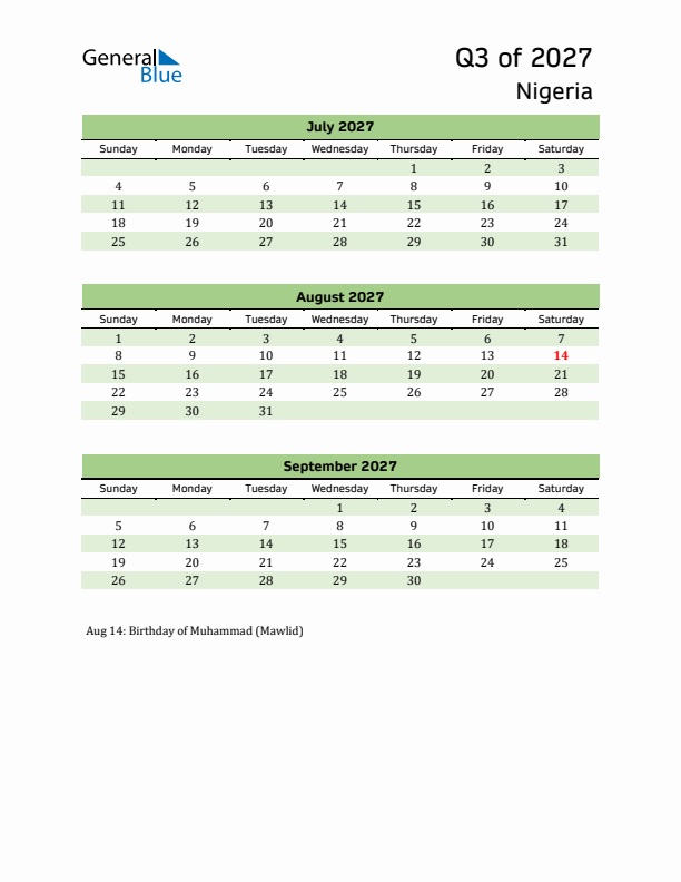 Quarterly Calendar 2027 with Nigeria Holidays