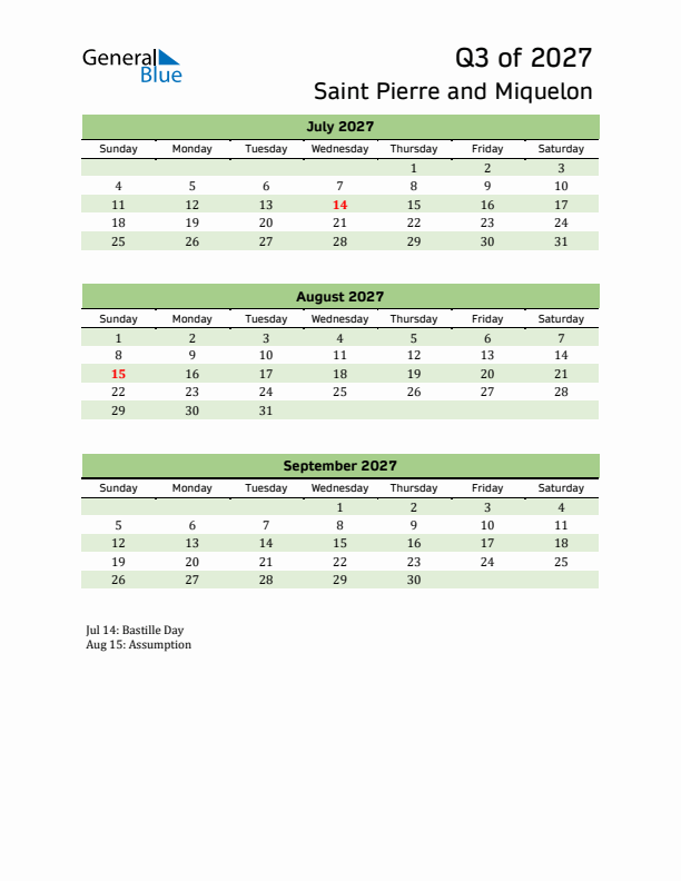 Quarterly Calendar 2027 with Saint Pierre and Miquelon Holidays