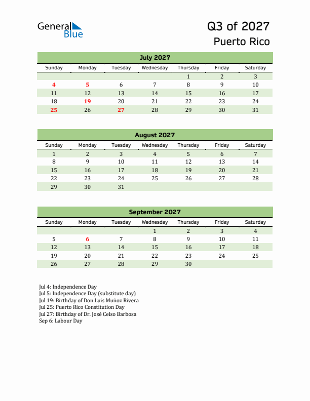 Quarterly Calendar 2027 with Puerto Rico Holidays