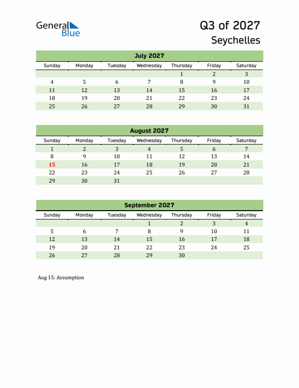 Quarterly Calendar 2027 with Seychelles Holidays