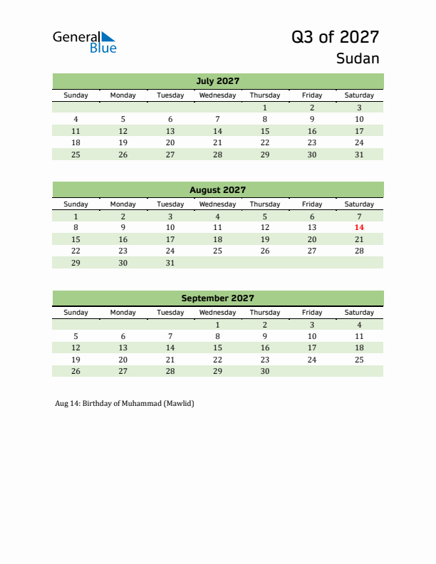 Quarterly Calendar 2027 with Sudan Holidays