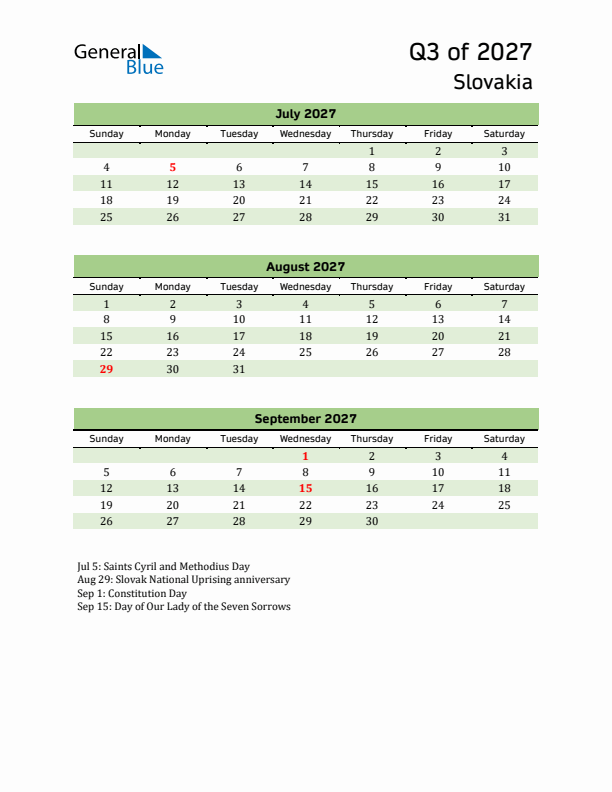 Quarterly Calendar 2027 with Slovakia Holidays