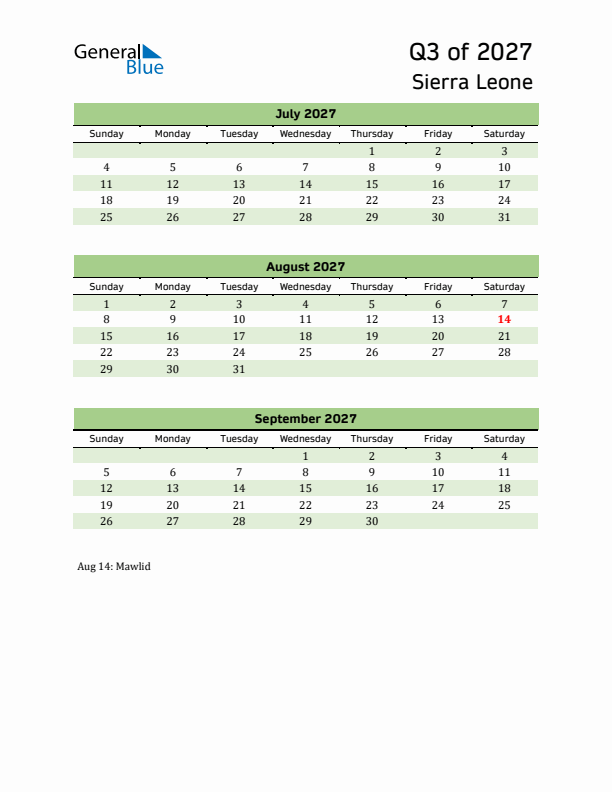 Quarterly Calendar 2027 with Sierra Leone Holidays