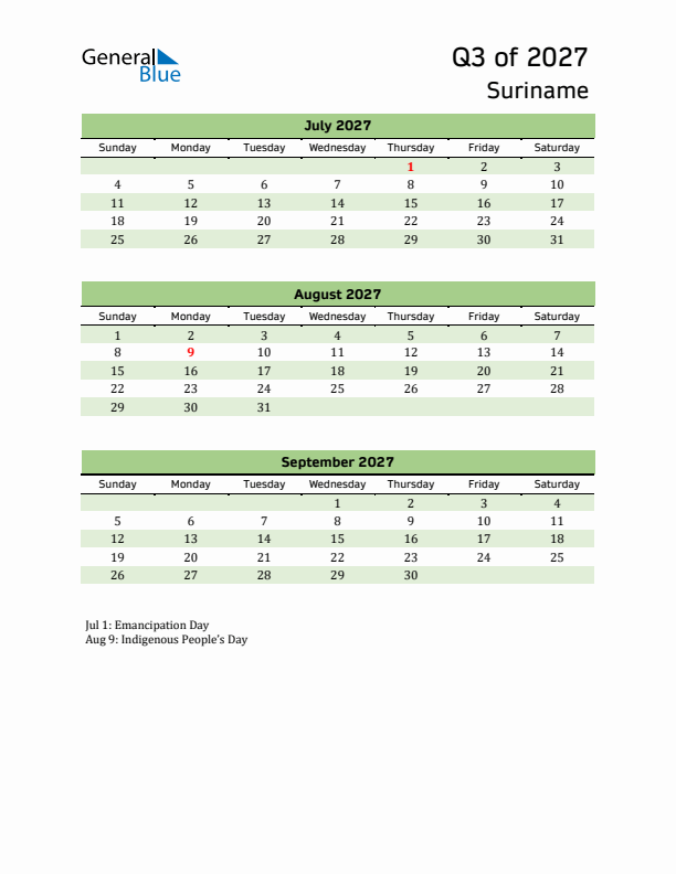Quarterly Calendar 2027 with Suriname Holidays
