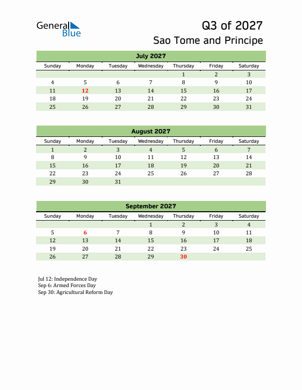 Quarterly Calendar 2027 with Sao Tome and Principe Holidays