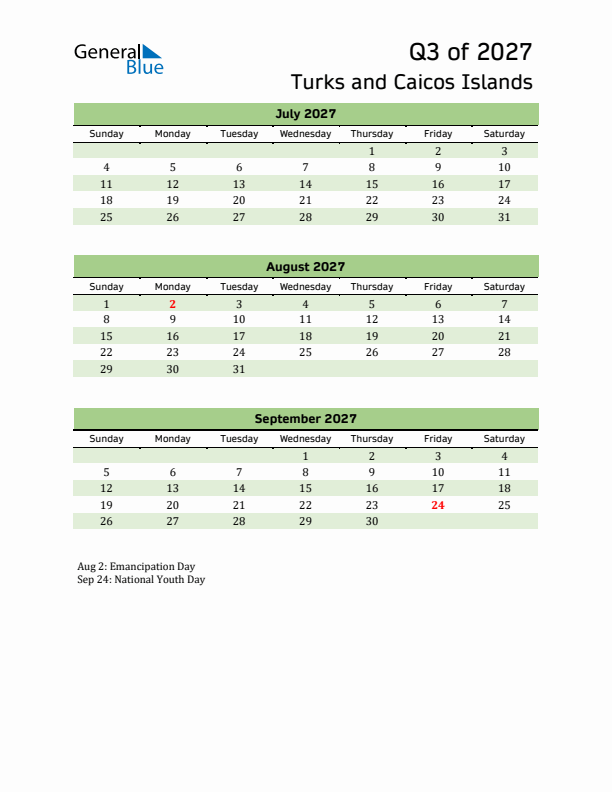 Quarterly Calendar 2027 with Turks and Caicos Islands Holidays