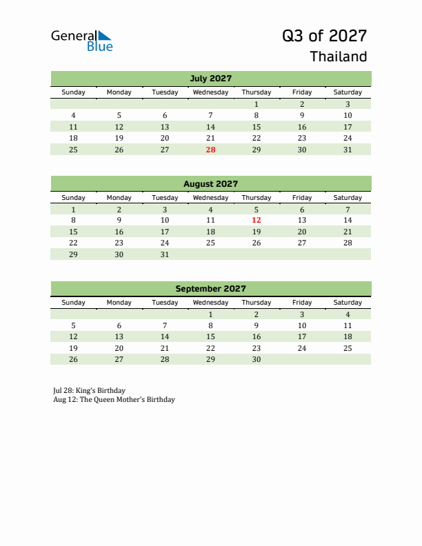 Quarterly Calendar 2027 with Thailand Holidays