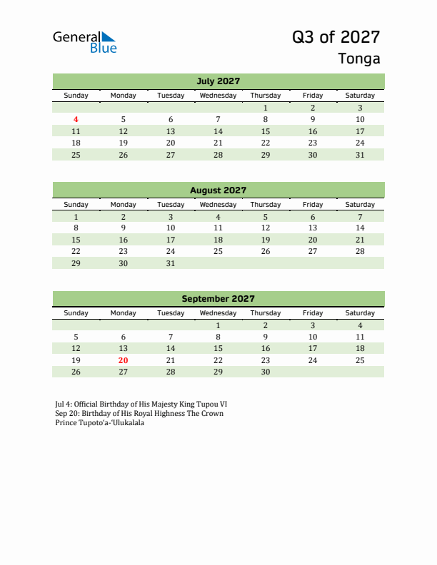 Quarterly Calendar 2027 with Tonga Holidays