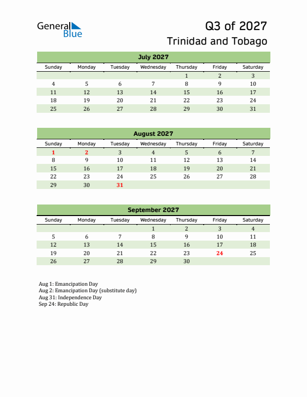 Quarterly Calendar 2027 with Trinidad and Tobago Holidays