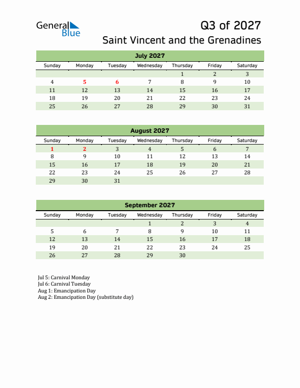 Quarterly Calendar 2027 with Saint Vincent and the Grenadines Holidays