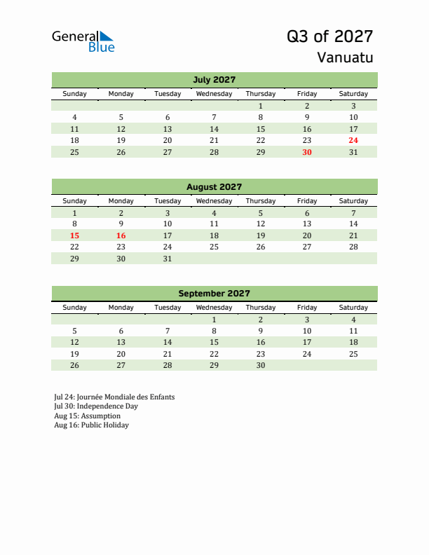 Quarterly Calendar 2027 with Vanuatu Holidays