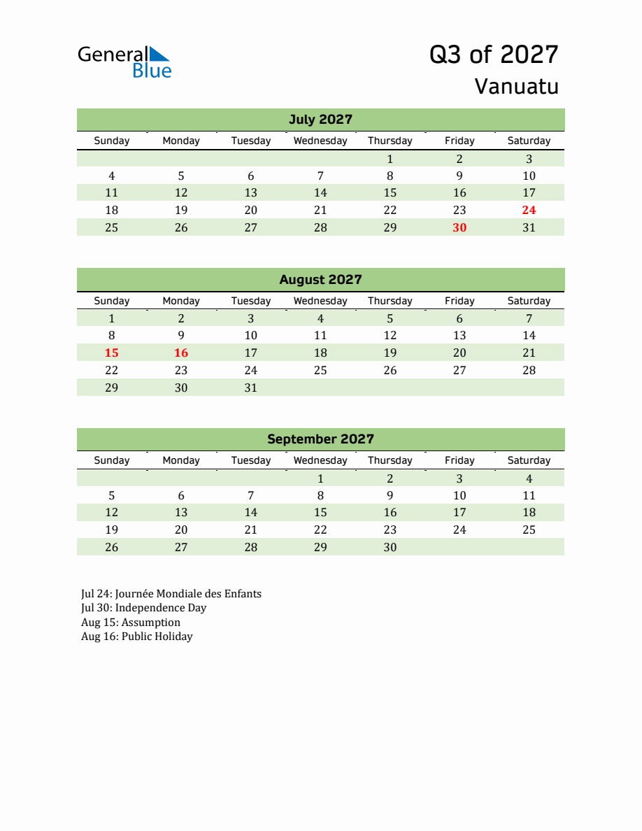 Quarterly Calendar with Vanuatu Holidays (Q3 of 2027)