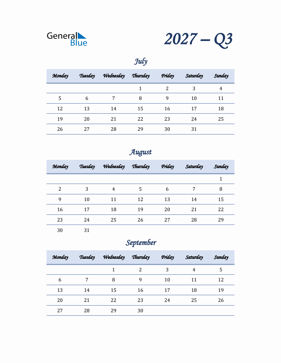 Quarterly Calendar for Quarter 3 2027 in PDF, Word, Excel - Monday Start
