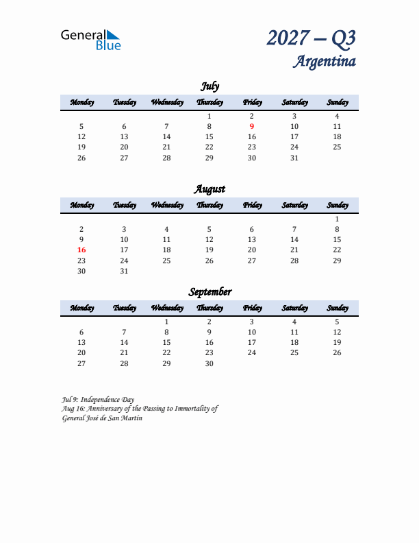 July, August, and September Calendar for Argentina with Monday Start