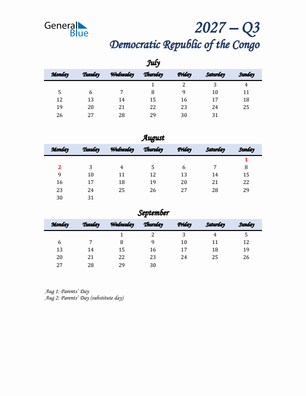 July, August, and September Calendar for Democratic Republic of the Congo with Monday Start