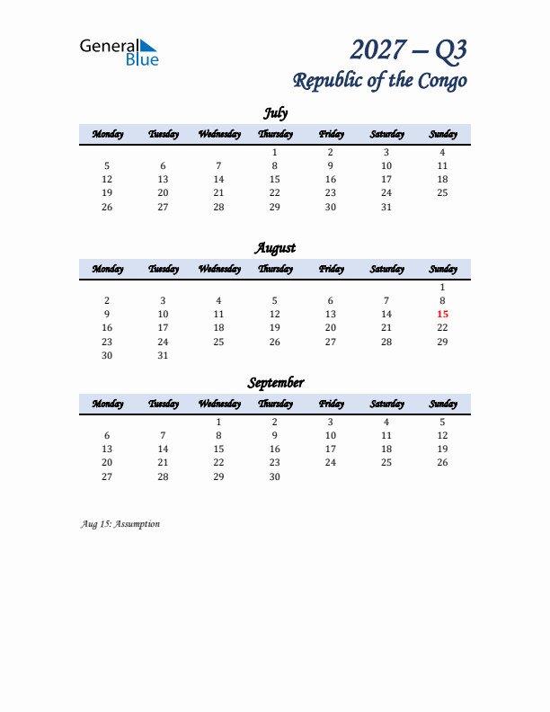 July, August, and September Calendar for Republic of the Congo with Monday Start