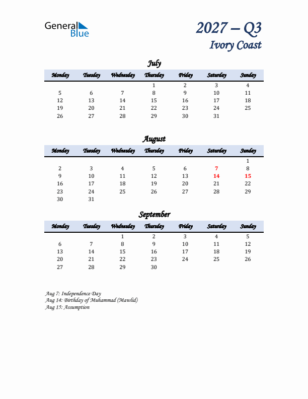 July, August, and September Calendar for Ivory Coast with Monday Start