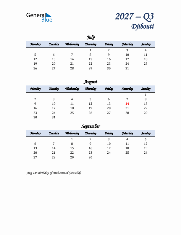 July, August, and September Calendar for Djibouti with Monday Start